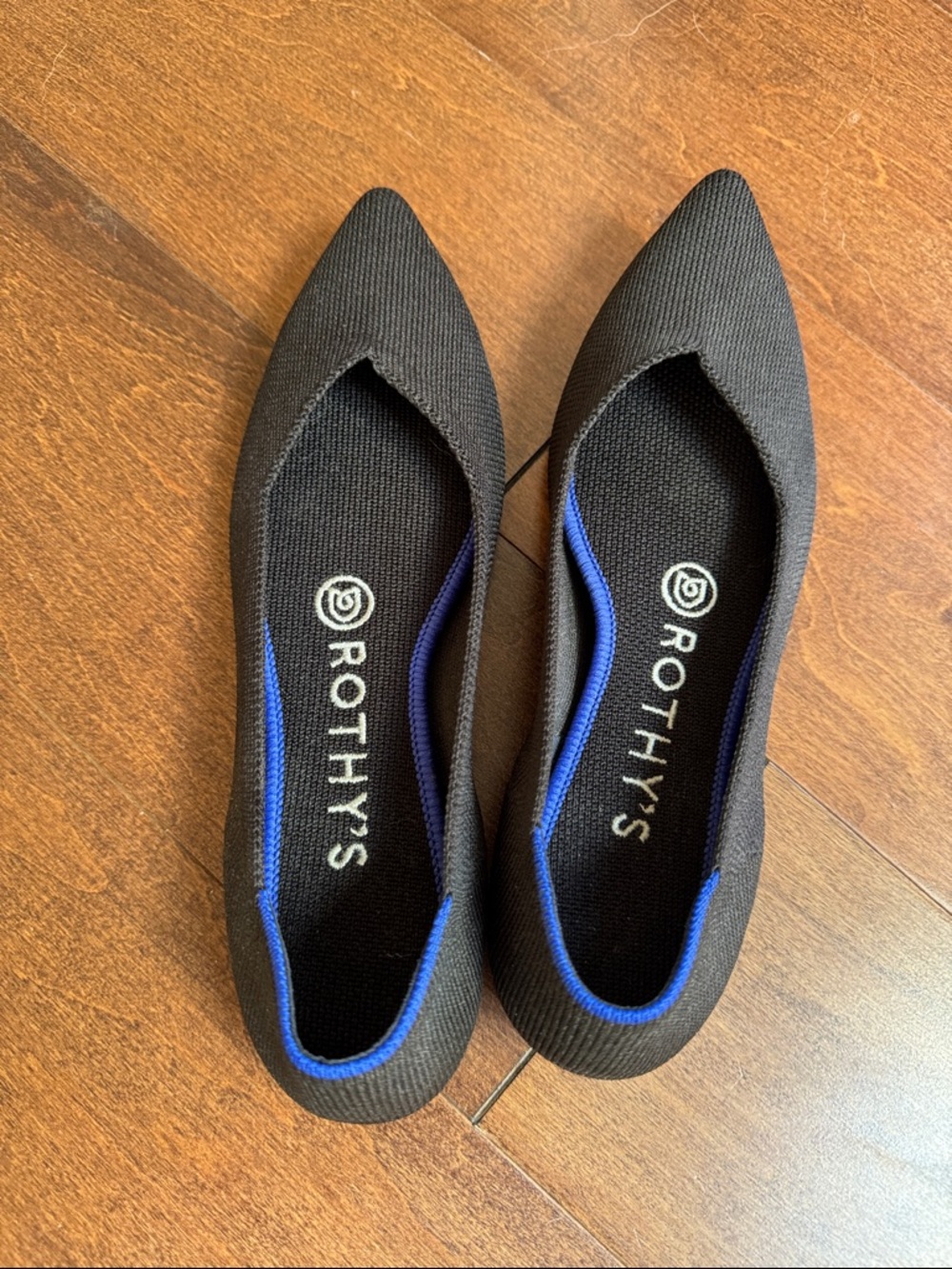 Rothy's Black Pointed Ballet Flat with Blue Trim